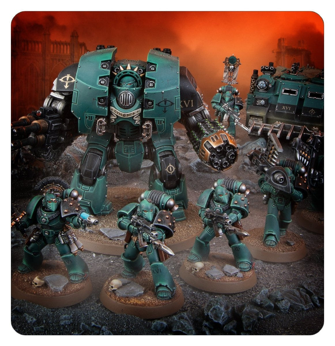 Painted Legiones Astartes Combat Force advancing with Dreadnought and Rhino on a fiery battlefield
