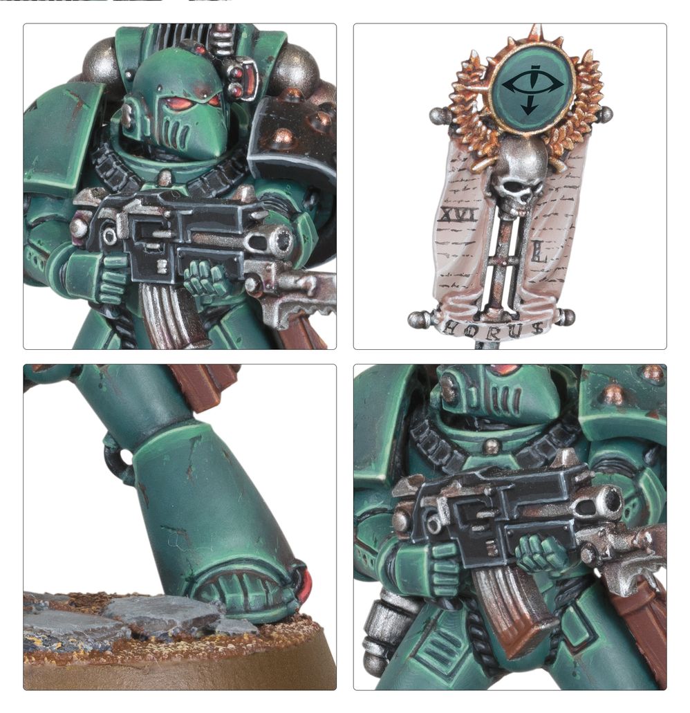 Legiones Astartes marine close-ups with a Sons of Horus banner, boltgun and armour plates