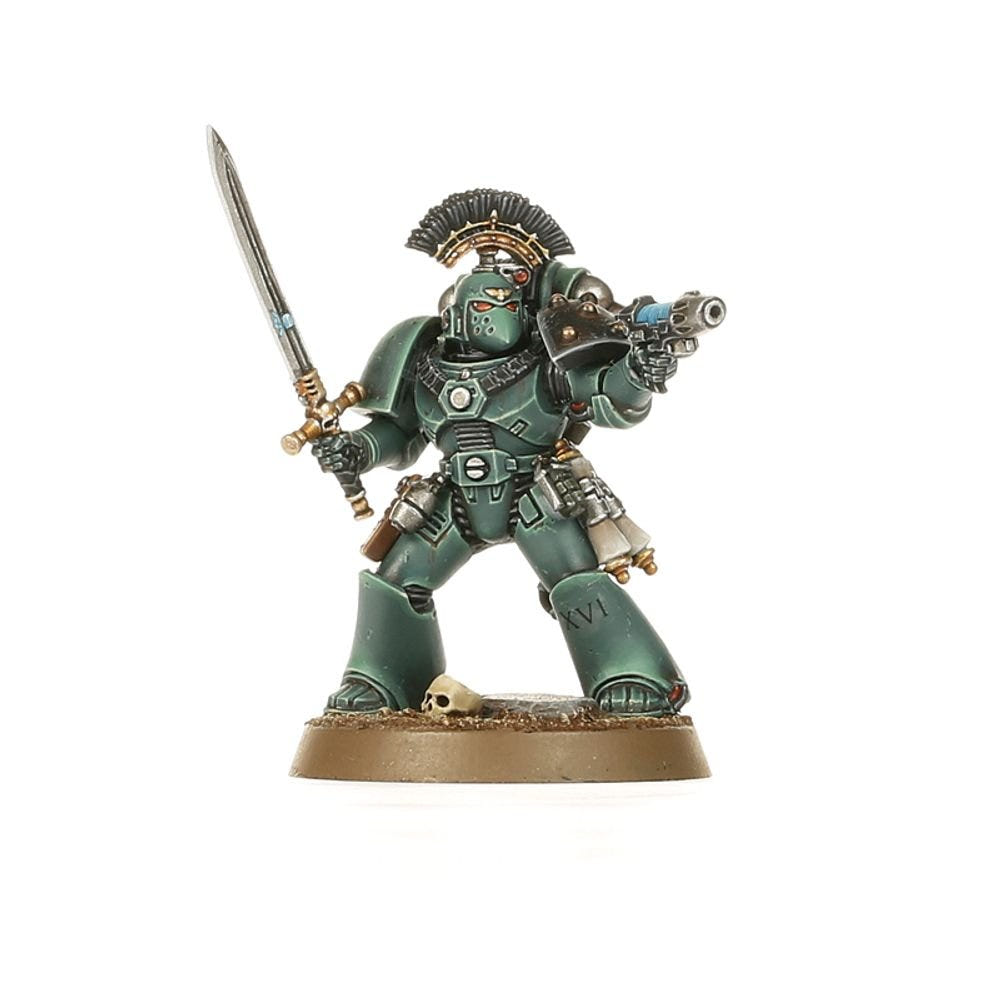Painted Legion sergeant with crested helmet, power sword and plasma pistol in sea-green armour