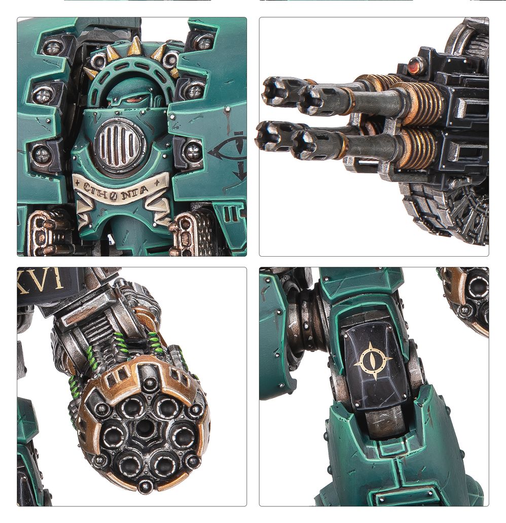 Legiones Astartes Dreadnought close-ups of the sarcophagus, twin cannon and rotary weapon arm