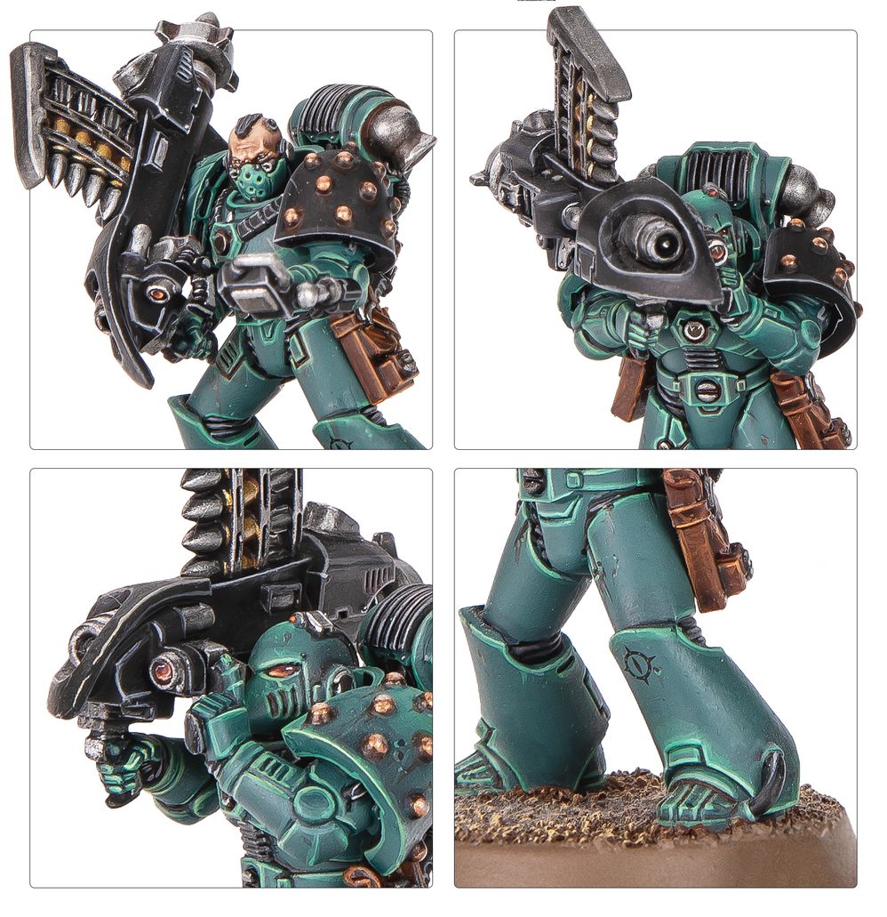 Legiones Astartes close-ups of bare-headed marine, heavy weapon backpack and MkVI armour