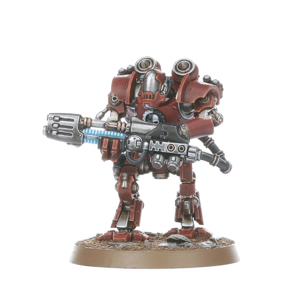 Painted Mechanicum robot in red armour firing a long blue-lit energy rifle