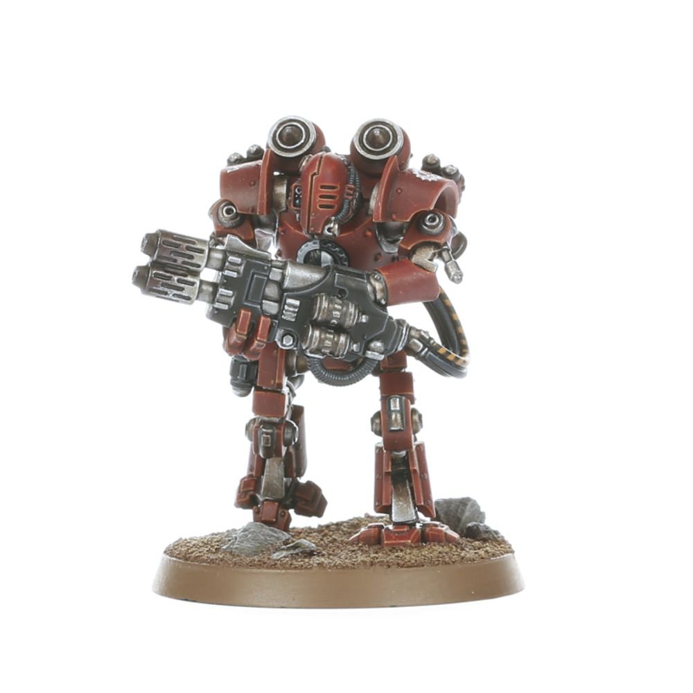 Painted Mechanicum robot in red armour with a rotary heavy gun, front view