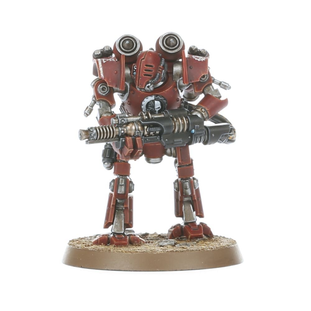 Painted Mechanicum robot in red with twin-barrelled heavy weapon, front view