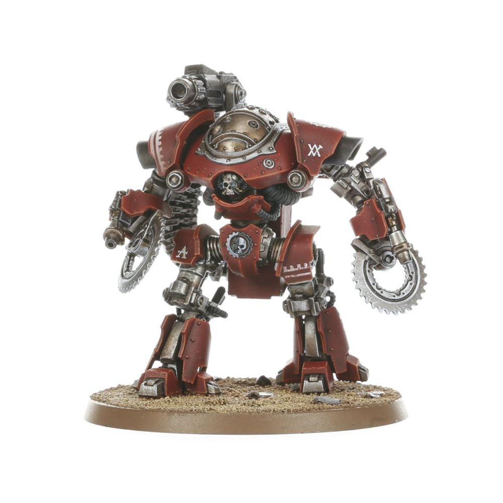 Painted Mechanicum battle-automaton in red with dome head and circular saw arm