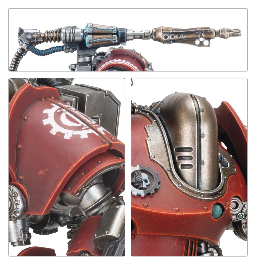 Close-ups of painted Mechanicum armour: energy rifle, cog-marked shoulder and domed head