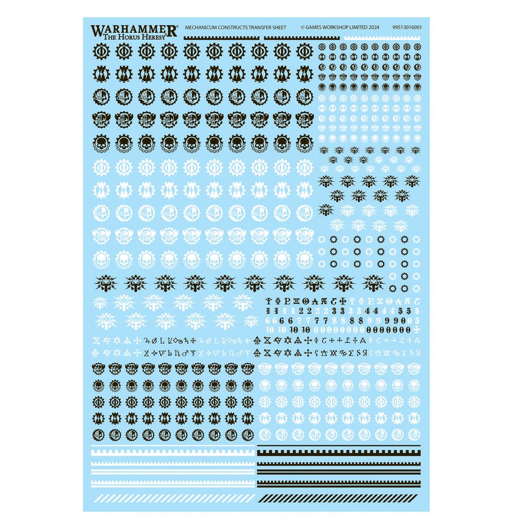 Horus Heresy Mechanicum transfer sheet 2 with Mechanicum symbols, numbers and striped markings