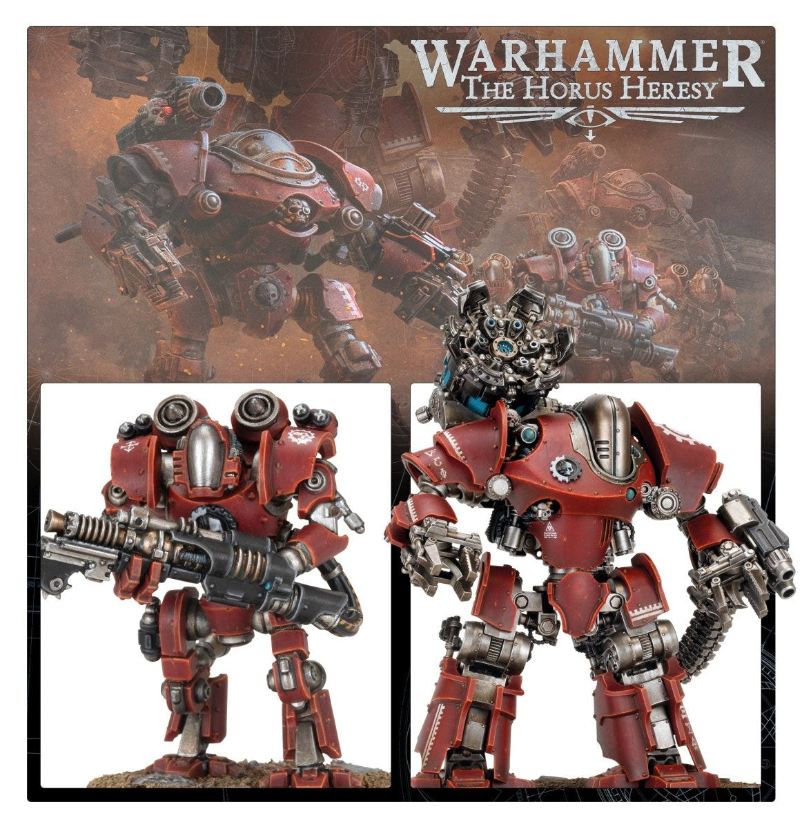 Mechanicum Combat Force artwork above two painted red battle-automata miniatures