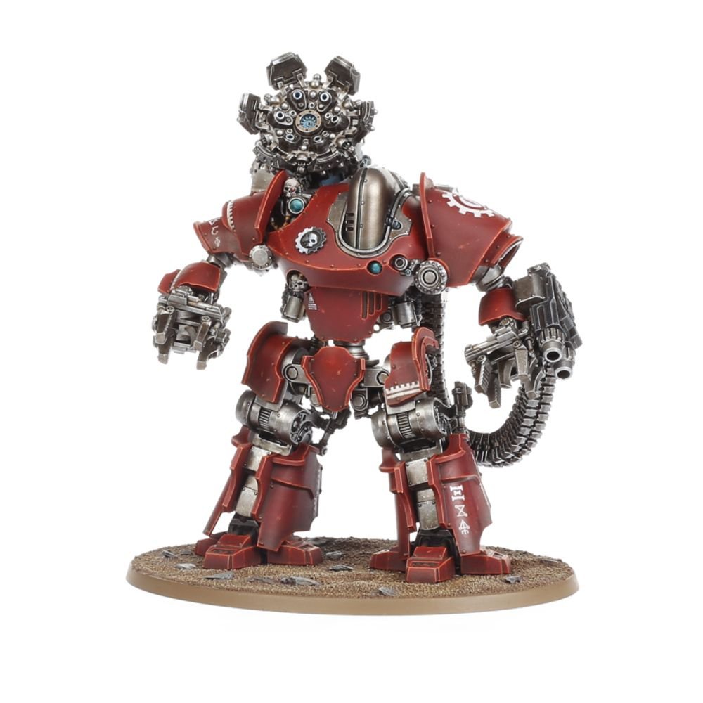 Painted Mechanicum battle-automaton in red with multi-lens head and cabled weapon arm