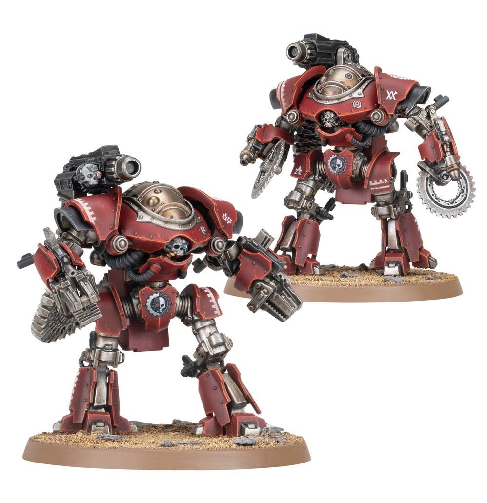 Two painted Mechanicum battle-automata in red with saw blade and power claw arms