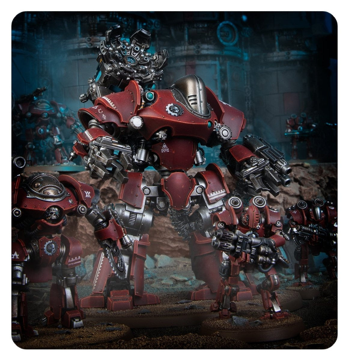 Painted Mechanicum battle-automata marching across a dark battlefield scene