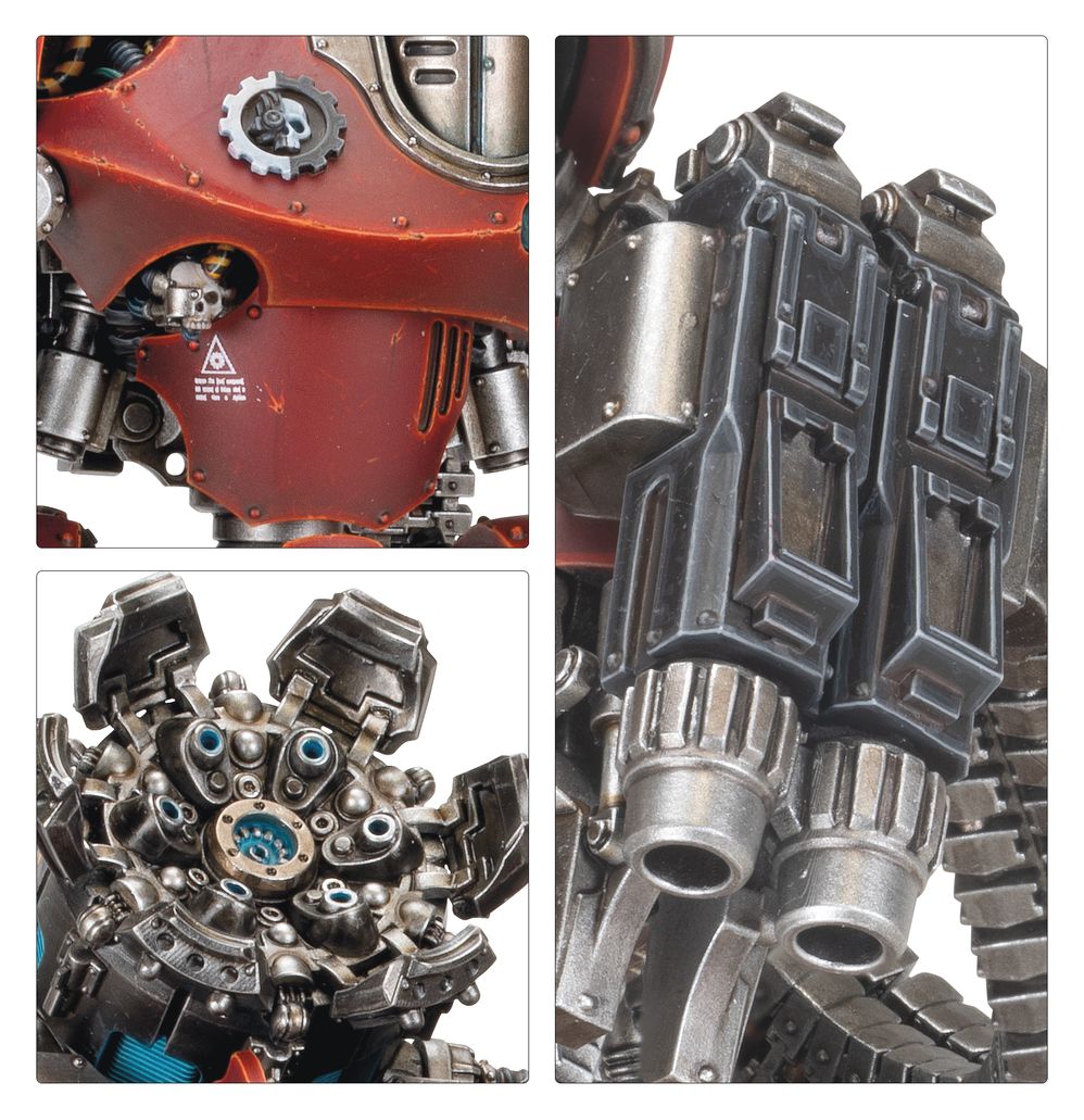 Close-ups of painted Mechanicum automaton torso, sensor-cluster head and exhaust stacks