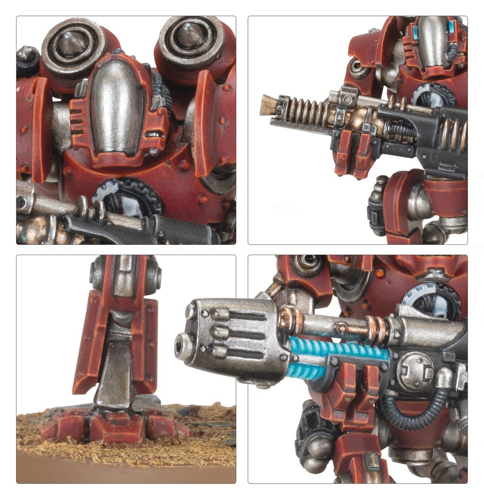 Close-ups of painted Mechanicum robot legs, heavy gun and blue-coiled energy weapon