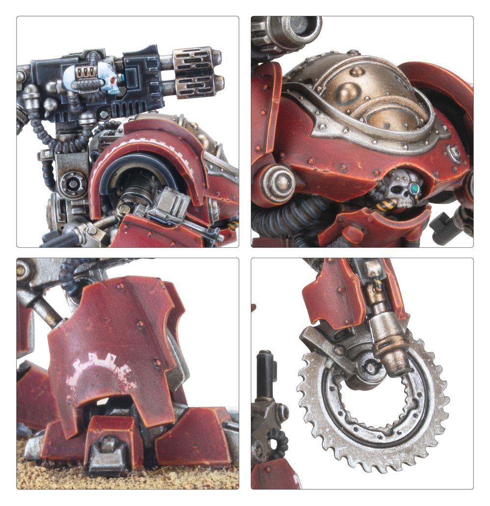 Close-ups of painted Mechanicum automaton domed head, shoulder armour and circular saw arm