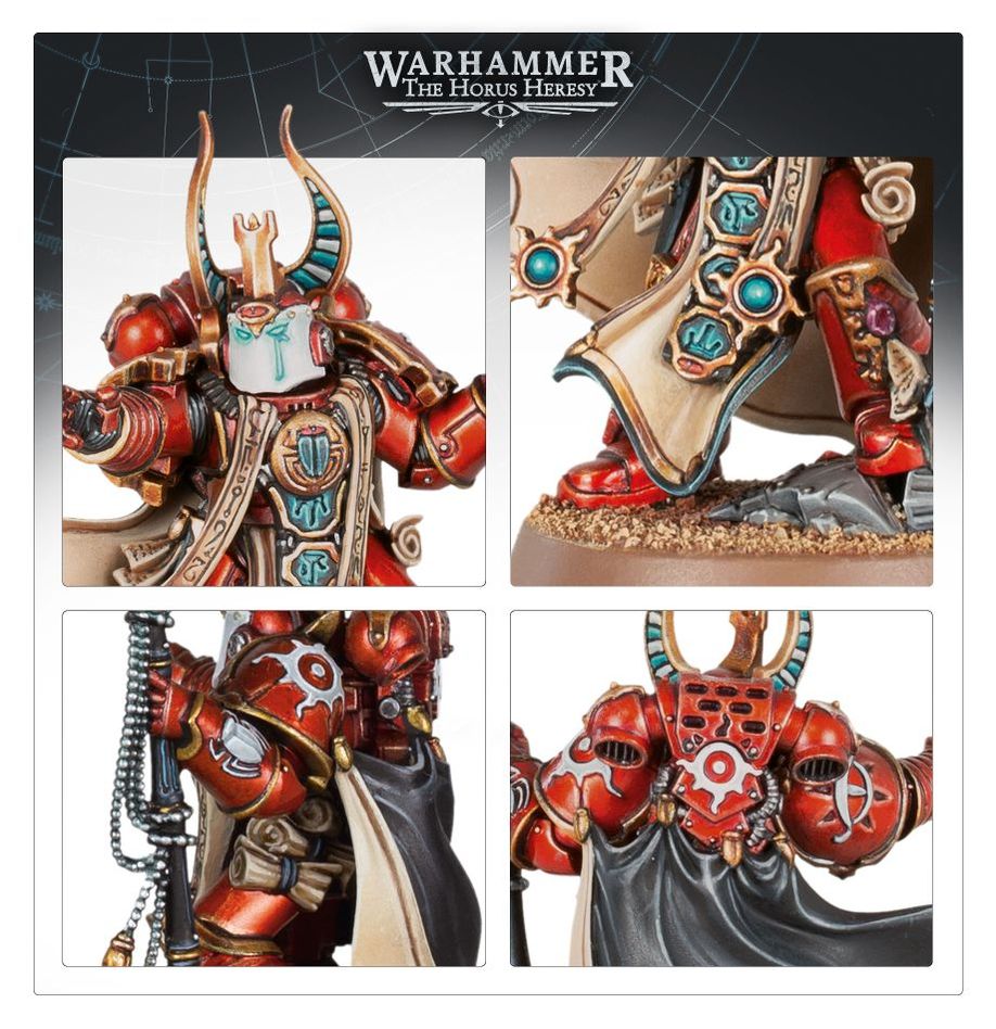 Close-ups of Ahzek Ahriman's horned helm, ornate armour, staff and cloak