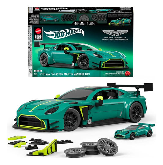 Mattel Brick Shop Hot Wheels Elite '24 Aston Martin Vantage GT3 box with built car and parts