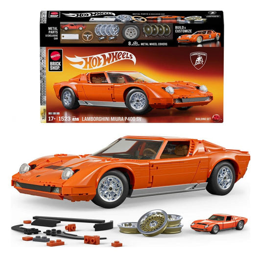 Mattel Brick Shop Hot Wheels Premium Lamborghini Miura P400 SV box with orange built car