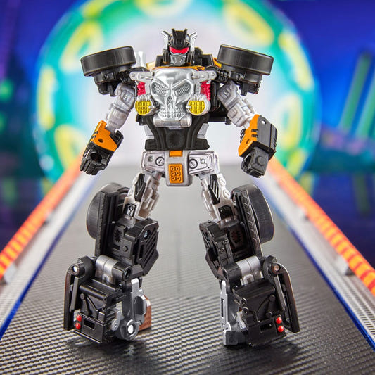 Hot Wheels x Transformers Bone Shaker robot mode with skull chest, front view on a track