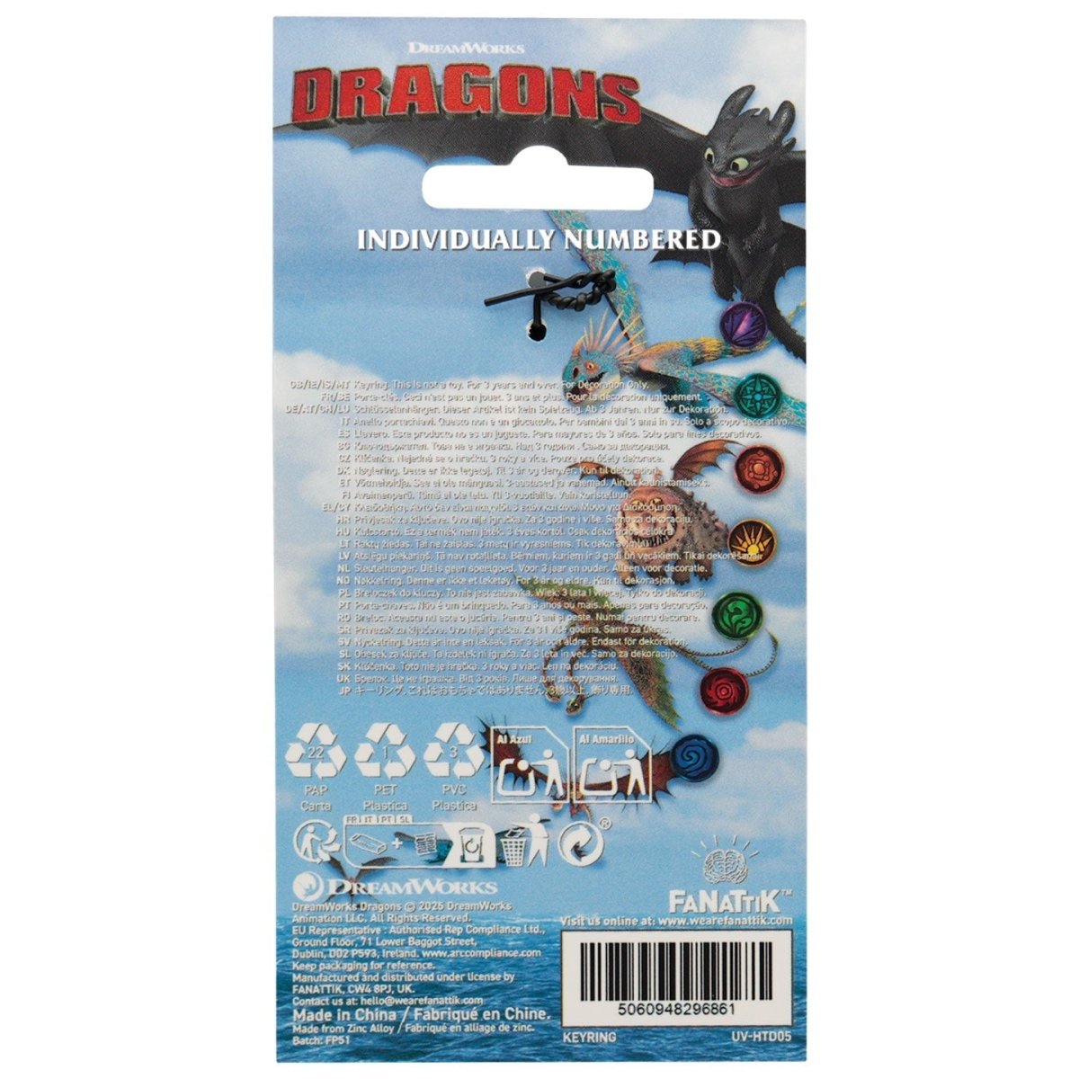 Back of the Fanattik Dragons keyring card, noting it is individually numbered