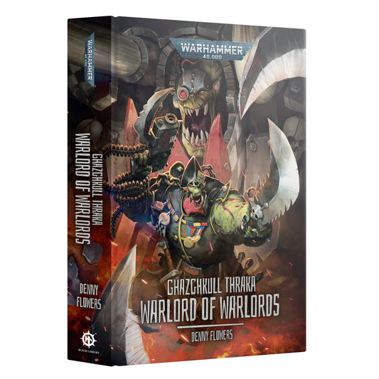 Warhammer 40k book cover featuring a warrior with a large weapon on a white background