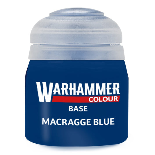 Warhammer Colour Base Macragge Blue paint can on a white background