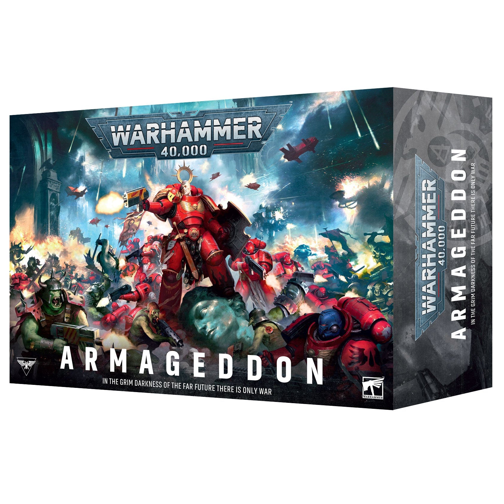Warhammer 40,000 Armageddon game box with warrior and creature illustration on a white background