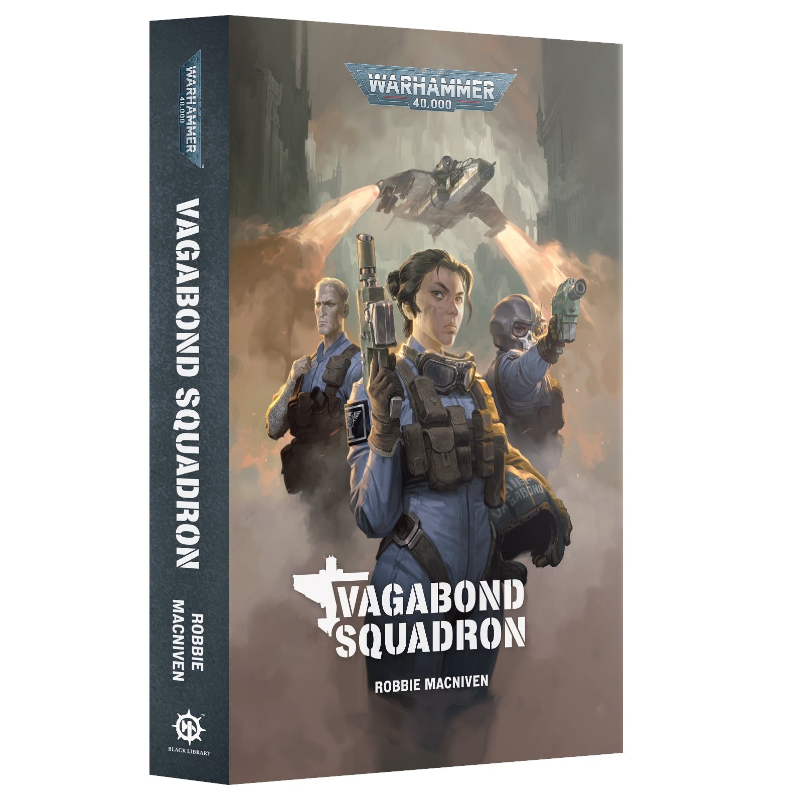 Book titled 'Vagabond Squadron' by Robbie MacNiven with a cover featuring characters and the Warhammer 40,000 logo.