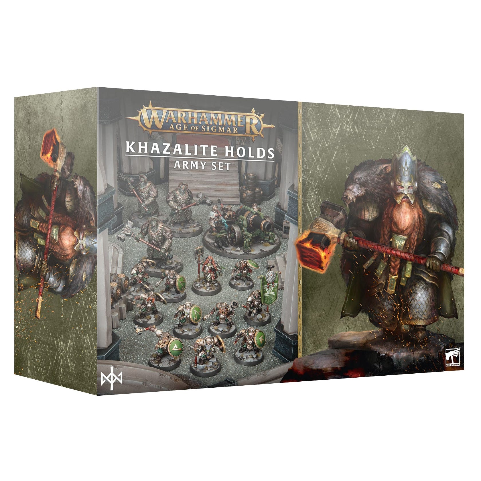 Warhammer 5th Edition Games Workshop Khazalite Holds Army Set box, featuring painted miniature figures and a large warrior figurine on the front and side packaging.