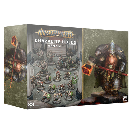 Warhammer 5th Edition Games Workshop Khazalite Holds Army Set box, featuring painted miniature figures and a large warrior figurine on the front and side packaging.