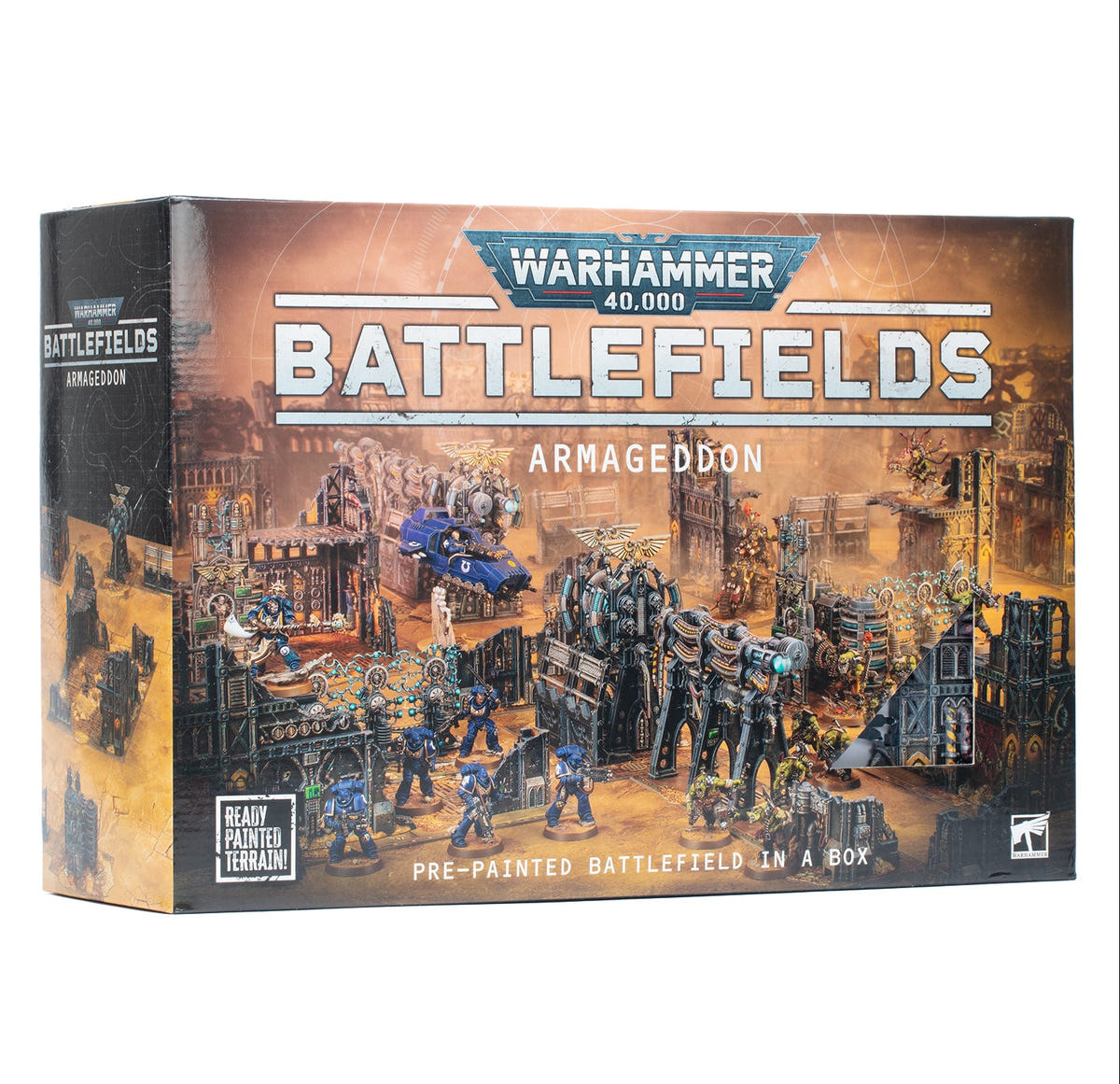 Warhammer 40,000 Battlefields Armageddon pre-painted battlefield box by Blaptrix Games, featuring detailed sci-fi battle scene artwork on the front and side panels.