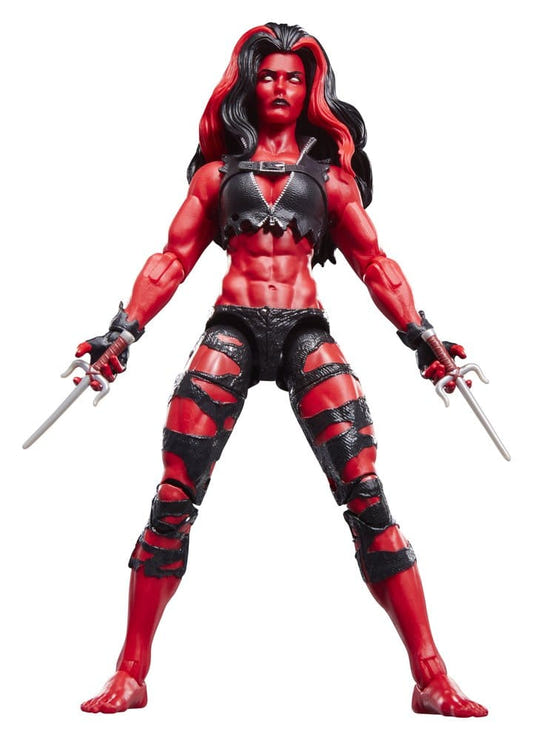 Marvel Legends Red She-Hulk figure holding a pair of sai, front view