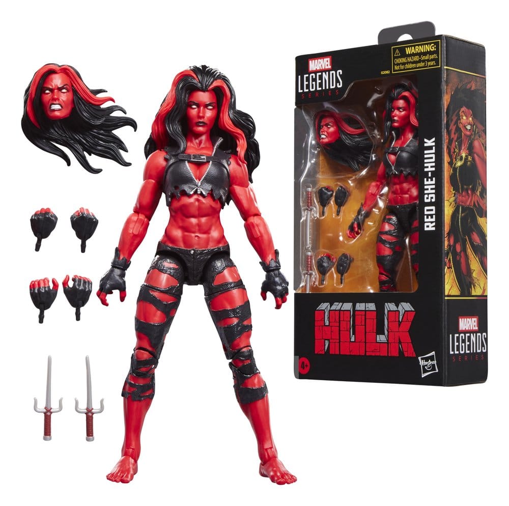 Marvel Legends Red She-Hulk figure with alternate head, four hands, two sai and her box