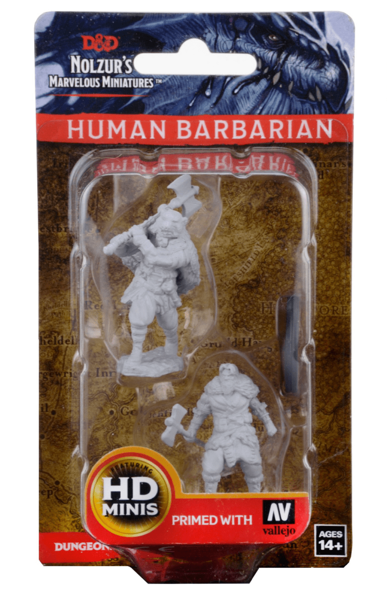 WizKids D&D Nolzur's Human Barbarian unpainted miniatures in blister pack, front of pack