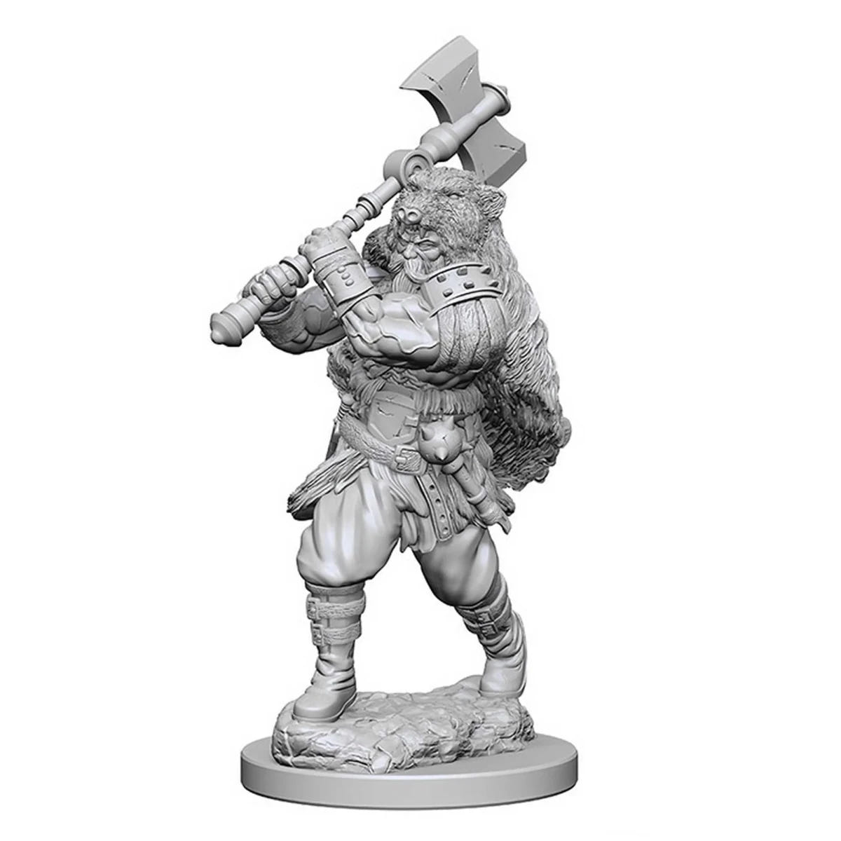 Unpainted Nolzur's Human Male Barbarian miniature swinging a great axe over his shoulder