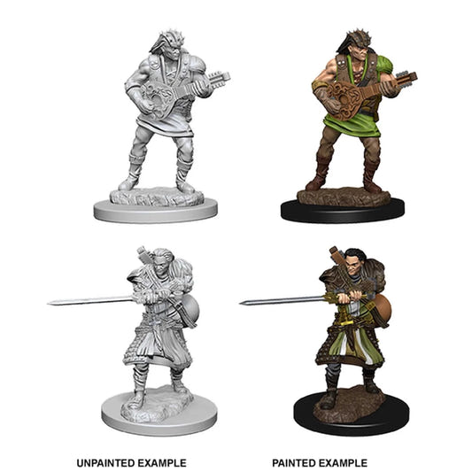 D&D Nolzur's Human Male Bard miniatures, unpainted and painted examples of both lute and sword poses