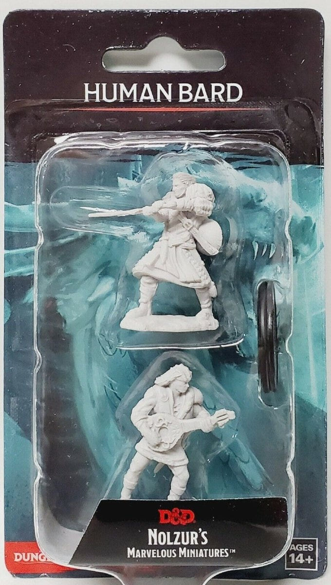 D&D Nolzur's Marvelous Miniatures Human Bard blister pack front with two primed figures
