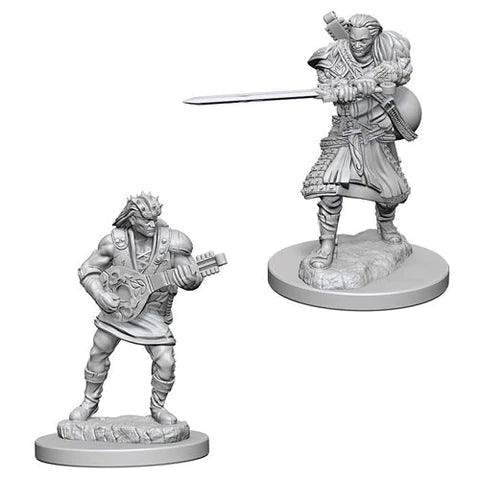 Two unpainted WizKids D&D Nolzur's human male bard miniatures, one with a lute, one with a sword