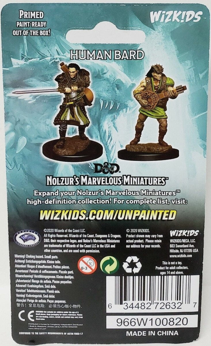 Back of the D&D Nolzur's Human Bard WizKids blister pack showing painted examples