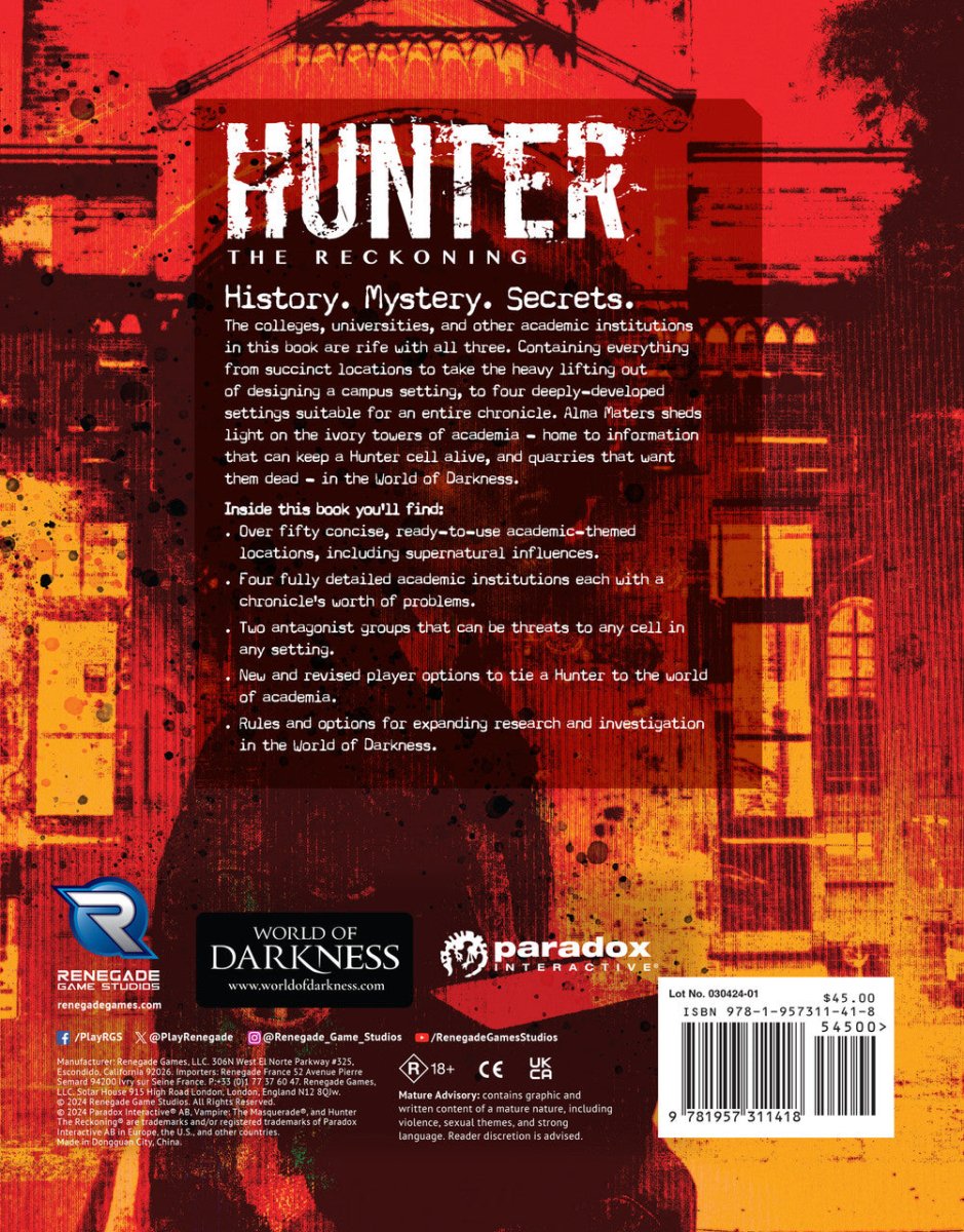 Hunter: The Reckoning Alma Maters sourcebook back cover with blurb and contents summary