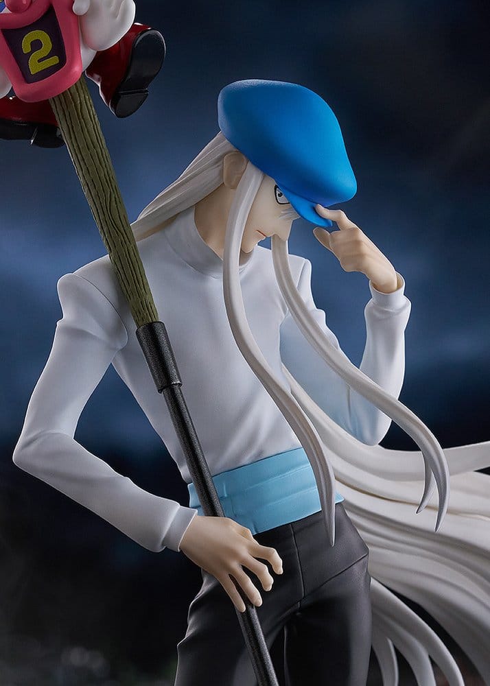 Close-up of Hunter x Hunter Kite figure tipping his blue cap, with clown-topped scythe handle