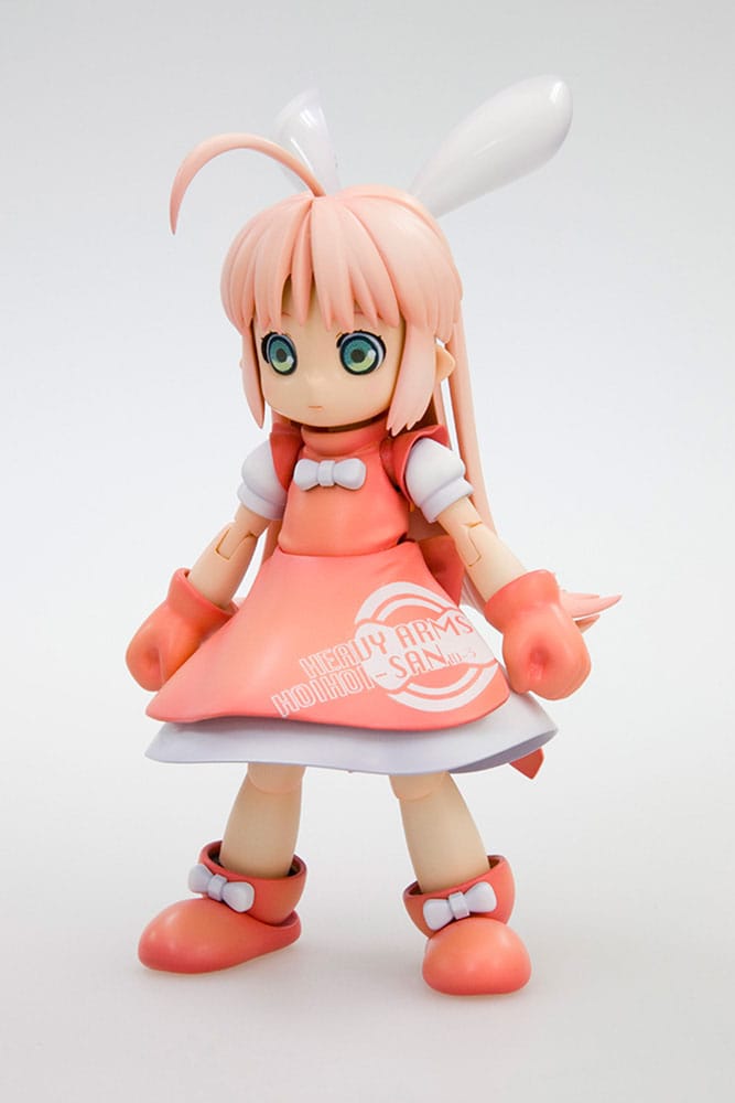 Kotobukiya HoiHoi-san model kit three-quarter view in pink apron dress with bunny ears
