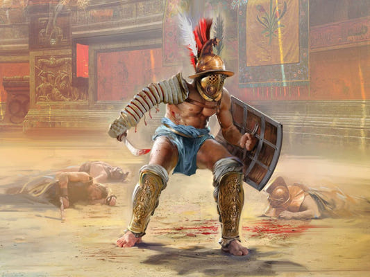 ICM 1/16 Roman Gladiator figure kit box art showing a helmeted gladiator with shield in the arena