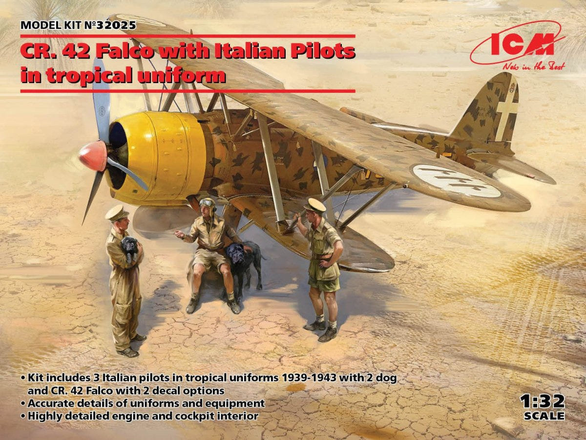 ICM 1:32 CR. 42 Falco with Italian Pilots In Tropical Uniform (3 Figures & 2 Dogs) - ICM32025
