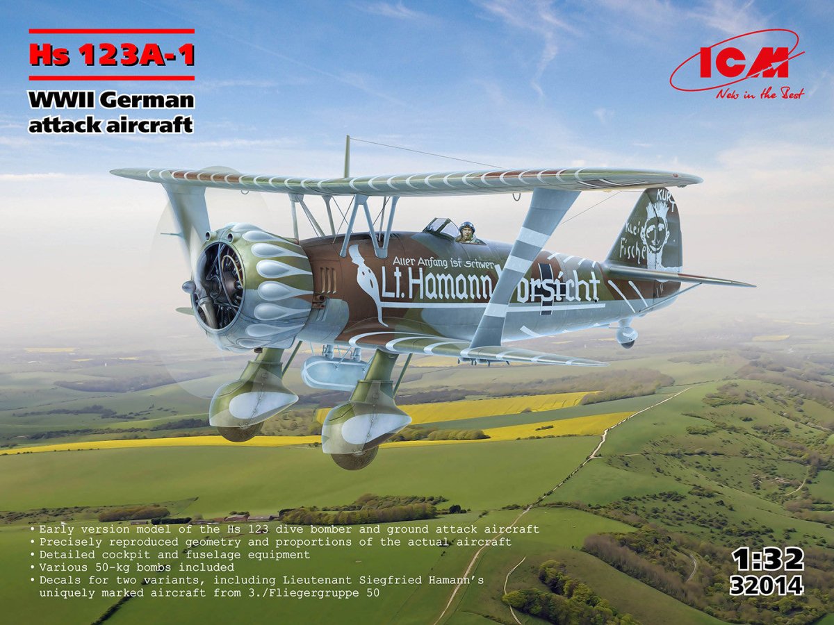 ICM 1:32 Hs 123A-1 WWII German attack aircraft kit, box art with title and kit notes