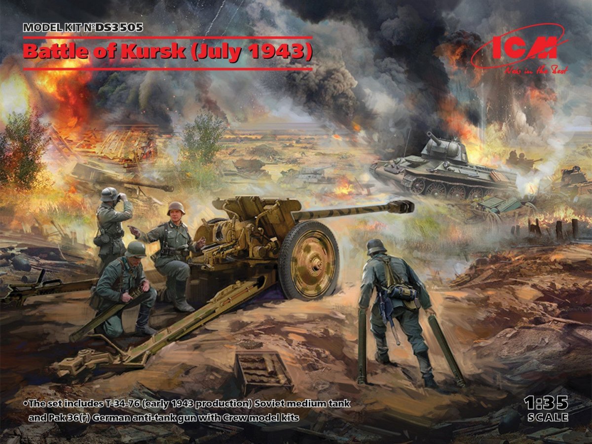 ICM 1:35 Battle of Kursk Set (July 1943) T-34-76 (Early 1943) & Pak 36(r) with 4 Crew Figures - ICMDS3505