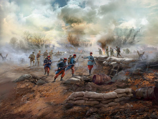 ICM 1:35 Miracle on the Marne WWI infantry figure set, artwork of French troops advancing through trenches