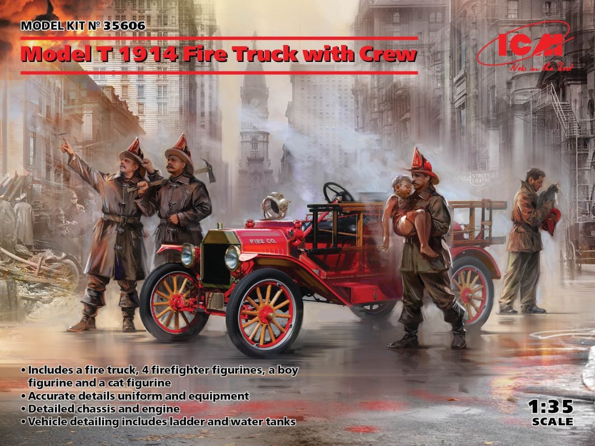 ICM 1:35 Model T 1914 Fire Truck with 4 Crew Figures Boy & Cat - ICM35606