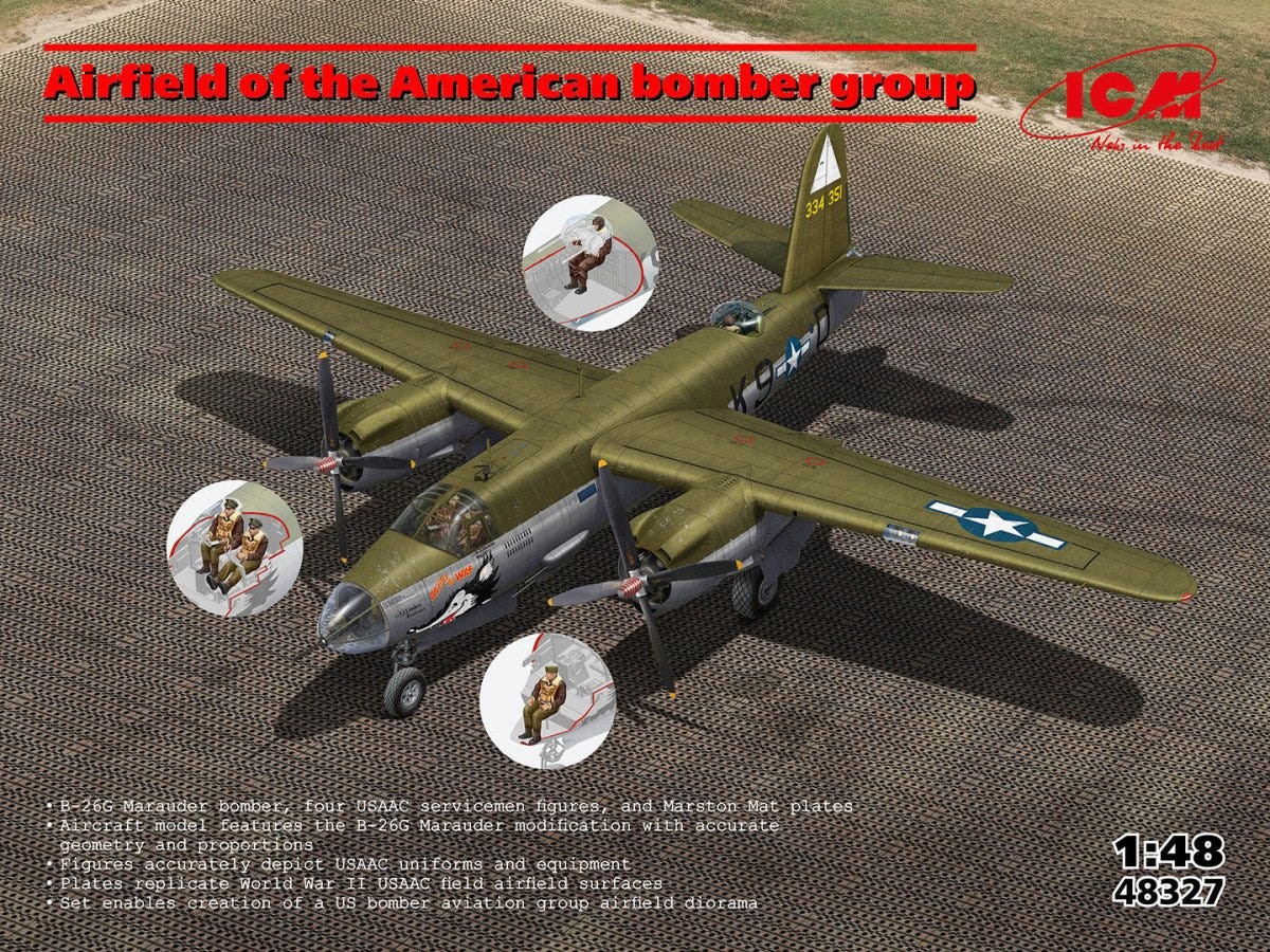 ICM 1:48 Airfield of the American Bomber Group B-26G Marauder kit, box art with title and set notes