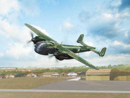 ICM 1:48 Do 217M-1 WWII RAF bomber kit, artwork of captured bomber in RAF markings over an airfield