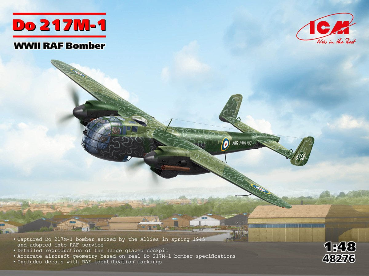 ICM 1:48 Do 217M-1 WWII RAF bomber kit, box art with title and kit notes
